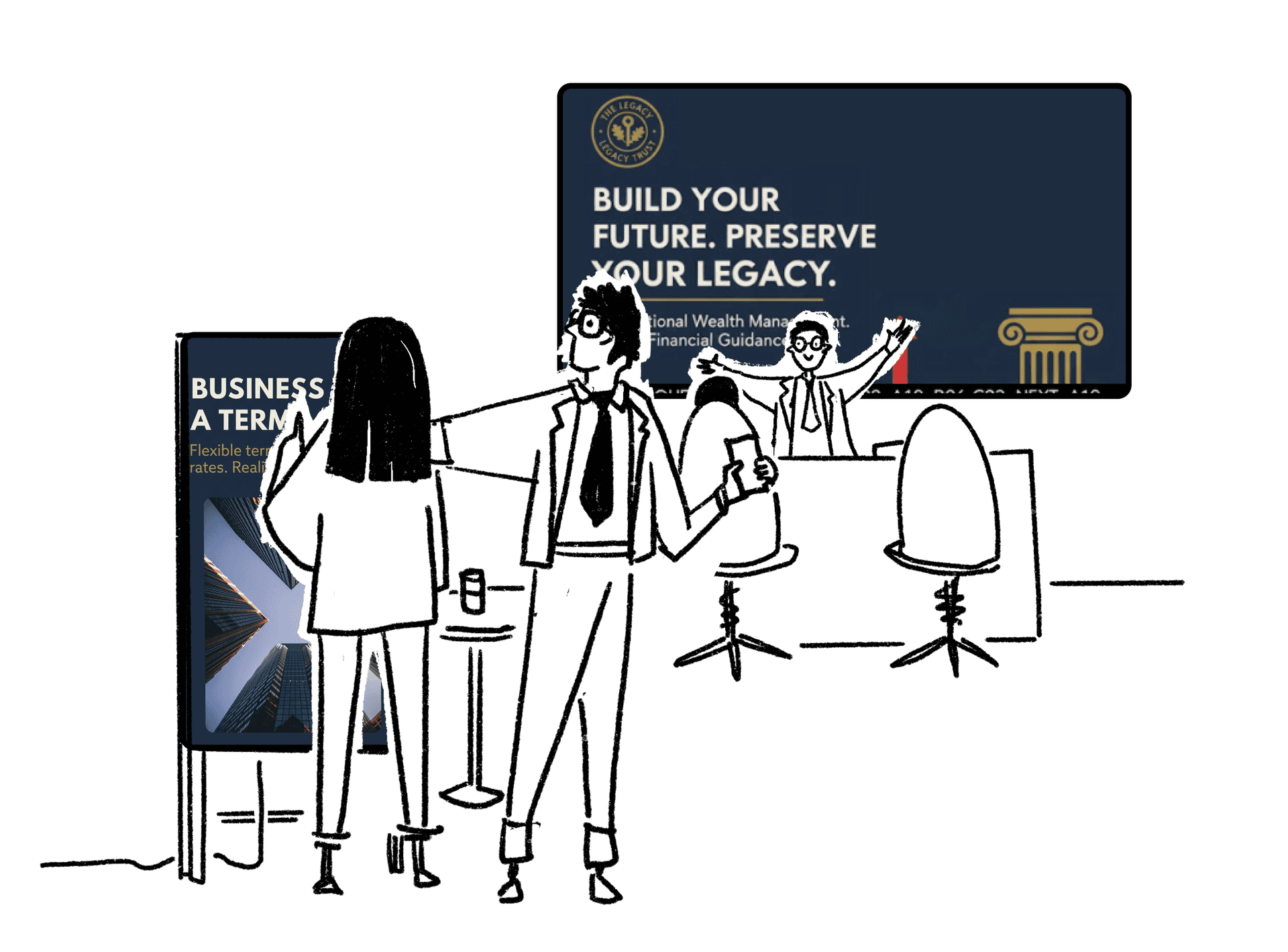 Bank digital signage showing rates and queue information