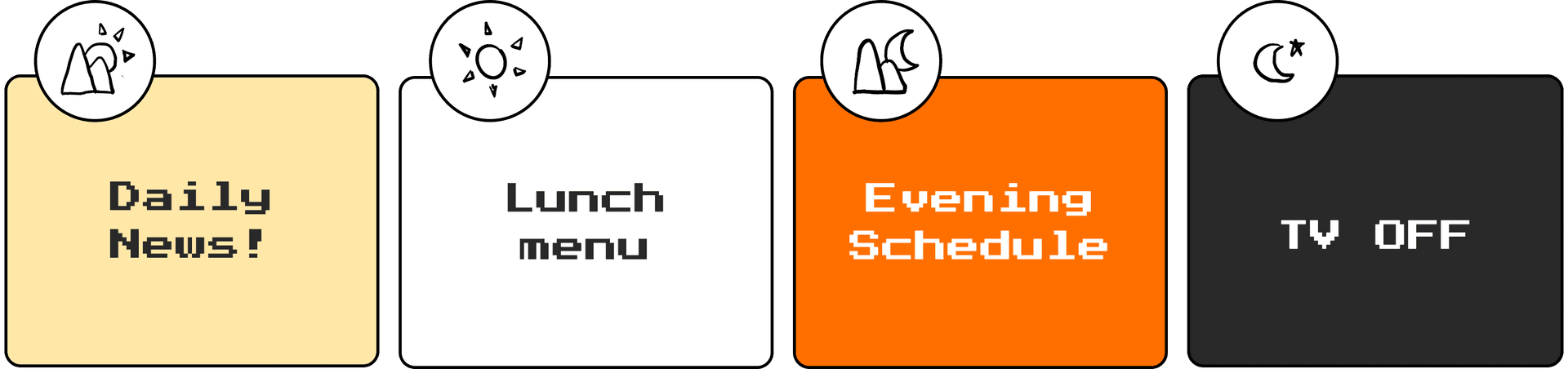 Daily content schedule showing morning, lunch, evening, and off times